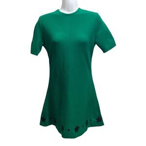 Vintage 1970s Canda Int. Dress Knit‎ Green Black Floral Embroidered Womans Sz S